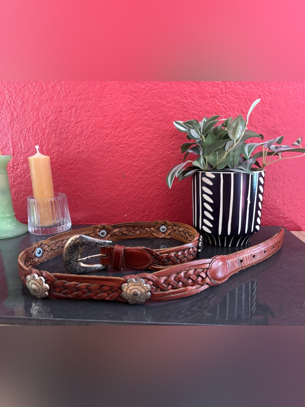 Vintage Braided Leather Western Concho Belt / Saddle Brown Boho Size Large